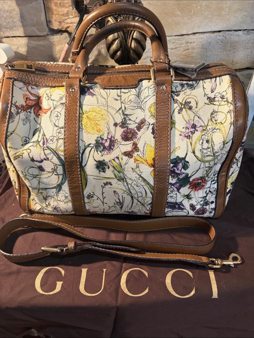 Gucci Floral Flower Leather-Trim Canvas Boston Bag - Picture 2 of 16